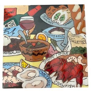 New Orleans 90s Gourmet Art Tile Trivet Gumbo Crawfish Louisiana Mardi Gras 8"